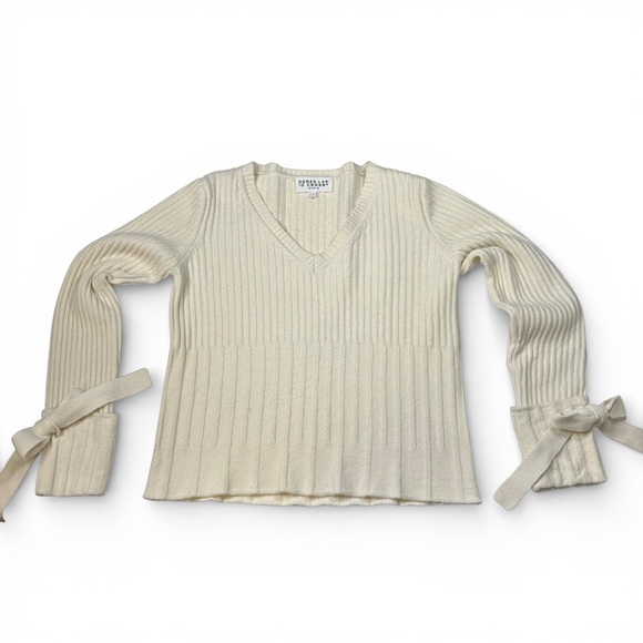 Derek Lam 10 Crosby Ribbed Tie Cuff Peplum Sweater Ivory Wool Blend V Neck - Picture 5 of 15